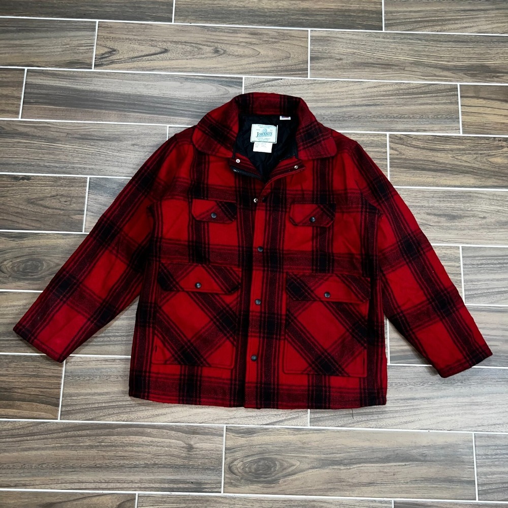 Vintage Johnson Mens Red Buffalo Plaid Classic 70s USA Made Wool Coat Size 44